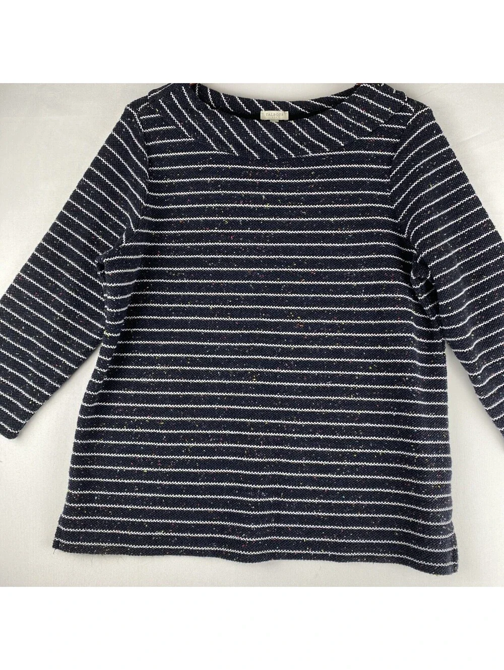 TALBOTS Knit Sweater Top Med Speckled Striped 3/4 Sleeve Navy Blue White